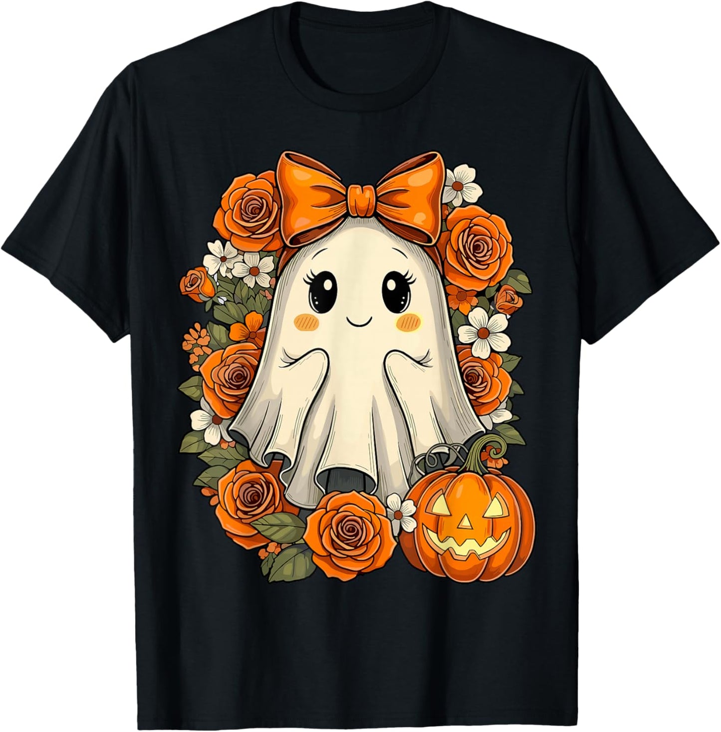 Kawaii Ghost Pumpkin Floral Halloween T-Shirt - T-Shirt | Black