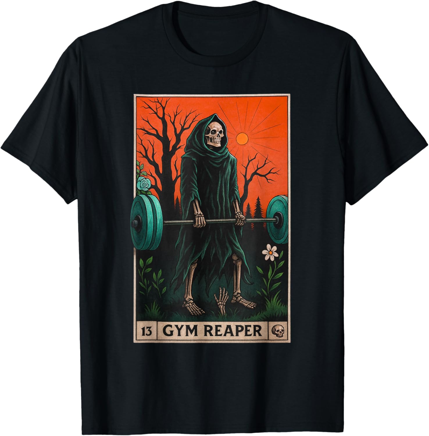 Gym Reaper Deadlifts Weightlifting Workout Occult Tarot Card T-Shirt - T-Shirt | Black