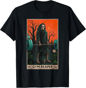 Gym Reaper Deadlifts Weightlifting Workout Occult Tarot Card T-Shirt - T-Shirt | Black