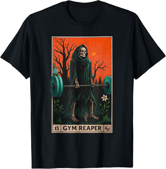 Gym Reaper Deadlifts Weightlifting Workout Occult Tarot Card T-Shirt - T-Shirt | Black