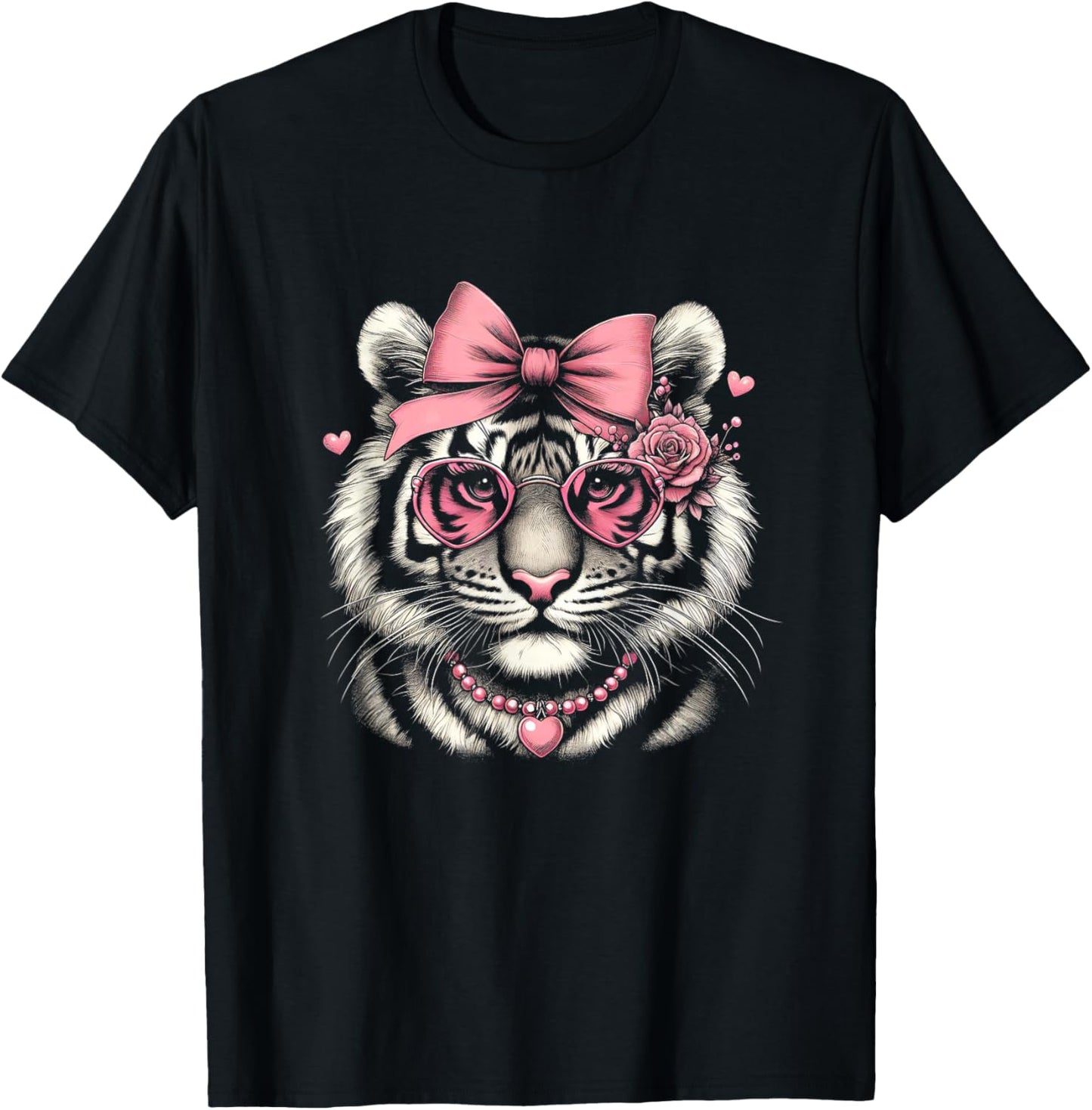 Tiger for Girls with Pink Glasses Graphic Art Design T-Shirt - T-Shirt | Black