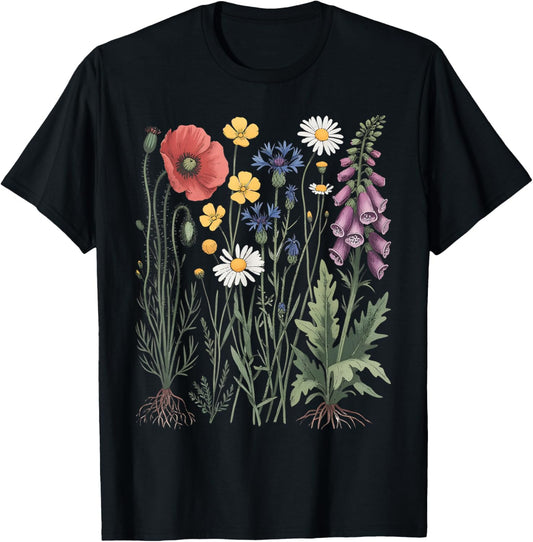 Vintage Wildflower Graphic Floral Gardening Women T-Shirt - T-Shirt | Black