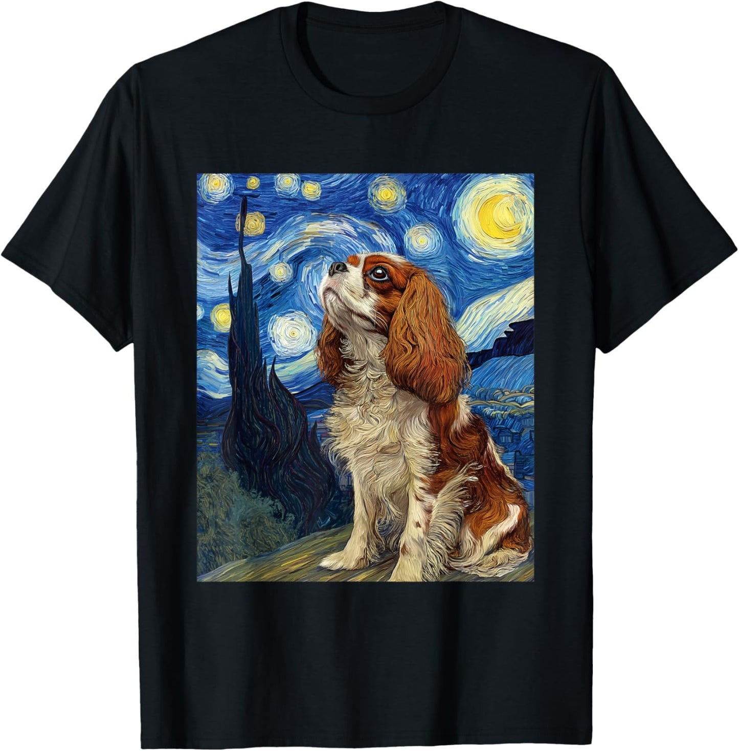Cavalier King Charles Spaniel Dog Van Gogh Starry Night T-Shirt - T-Shirt | Black