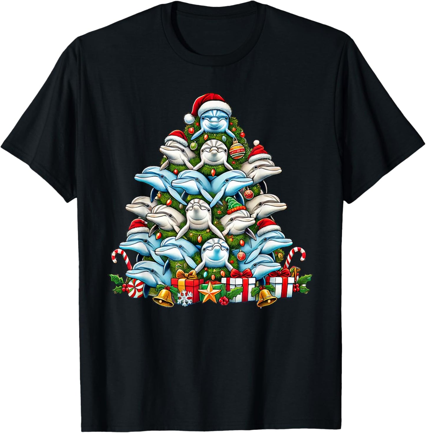 Dolphin Christmas Tree Funny Dolphin Xmas T-Shirt - T-Shirt | Black