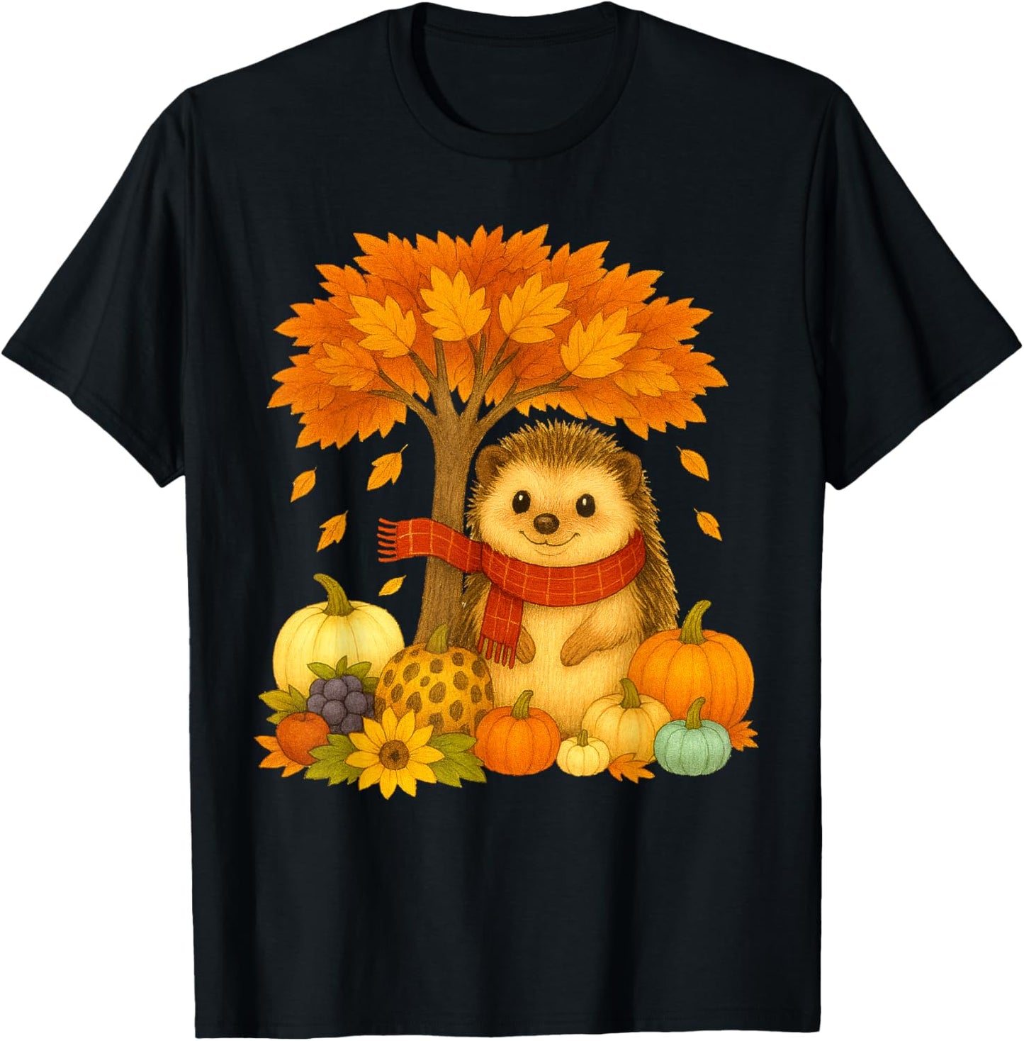 Thanksgiving Autumn Fall Hedgehog Leaf Fall Tree T-Shirt - T-Shirt | Black