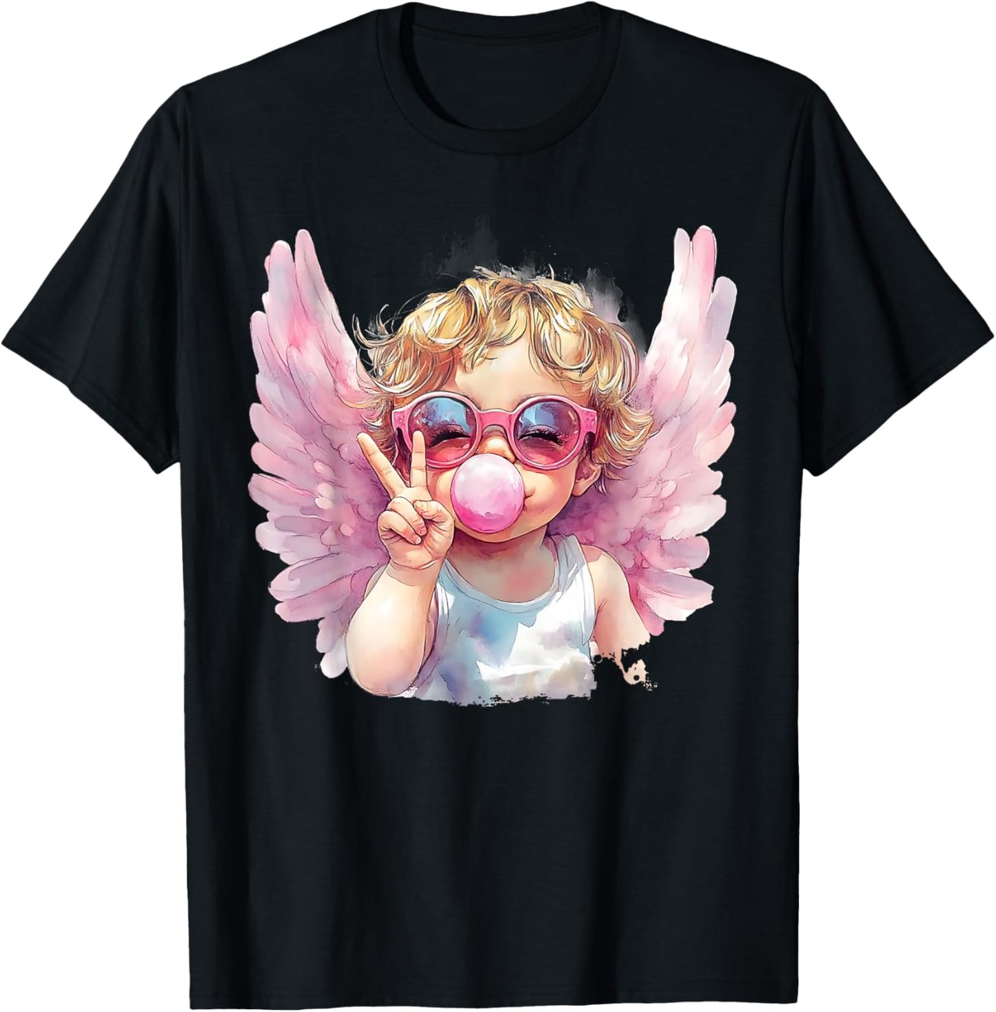 Cute Cupid Blowing Bubble Gum Sunglasses Valentine's Day T-Shirt - T-Shirt | Black