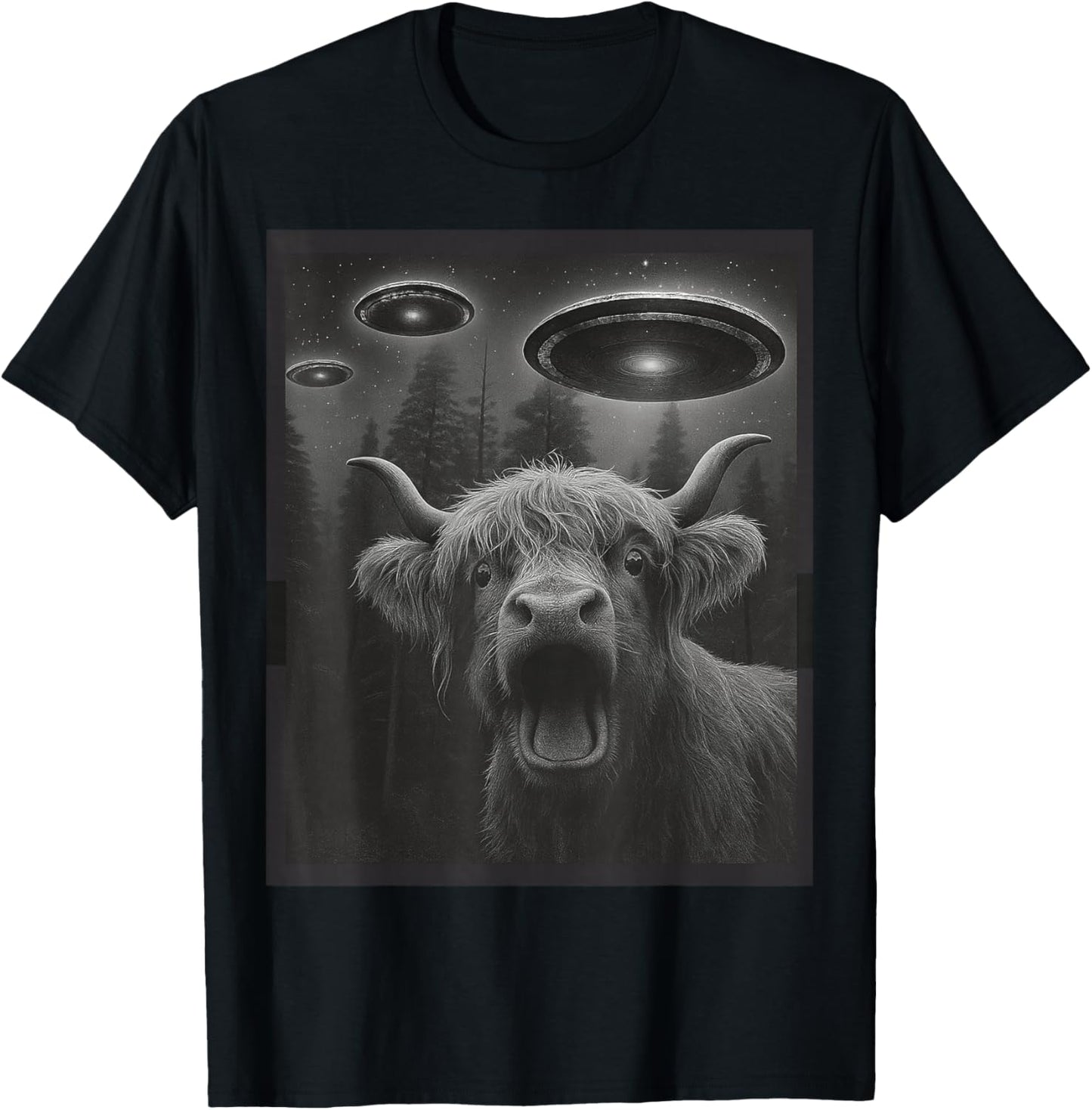 Funny Highland Cow Selfie Alien UFO Gifts Women Kid T-Shirt - T-Shirt | Black
