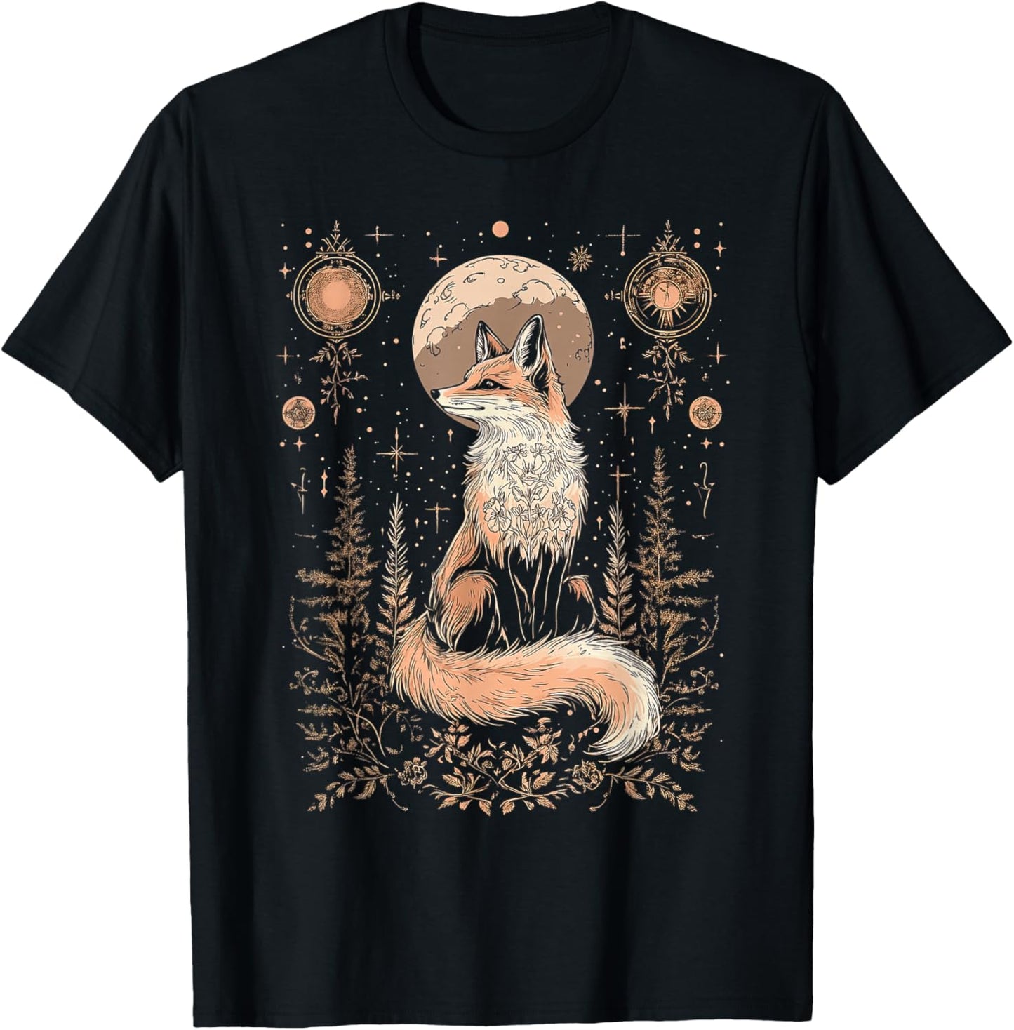 Mystic Moon and Moonphase Fox Mystical Flowers Aesthetic T-Shirt - T-Shirt | Black