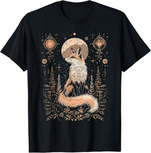 Mystic Moon and Moonphase Fox Mystical Flowers Aesthetic T-Shirt - T-Shirt | Black