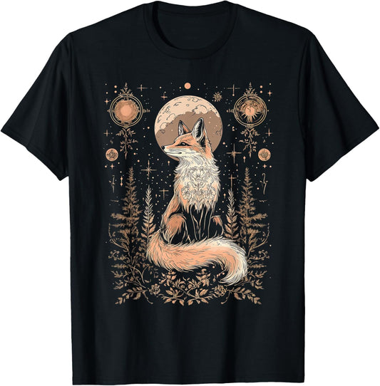 Mystic Moon and Moonphase Fox Mystical Flowers Aesthetic T-Shirt - T-Shirt | Black