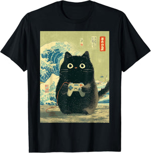 Video Games Japanese Black Gamer Cat Great Wave Cat Dad T-Shirt - T-Shirt | Black