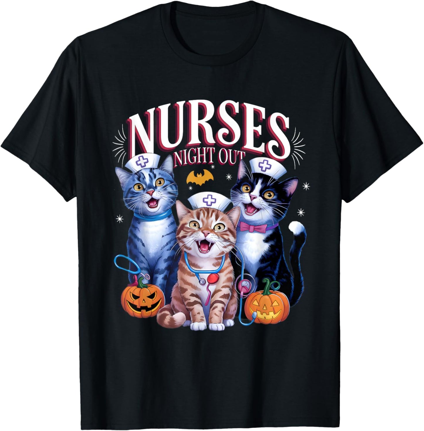 Nurses Night Out Halloween Cats Funny Nurse Costume T-Shirt - T-Shirt | Black