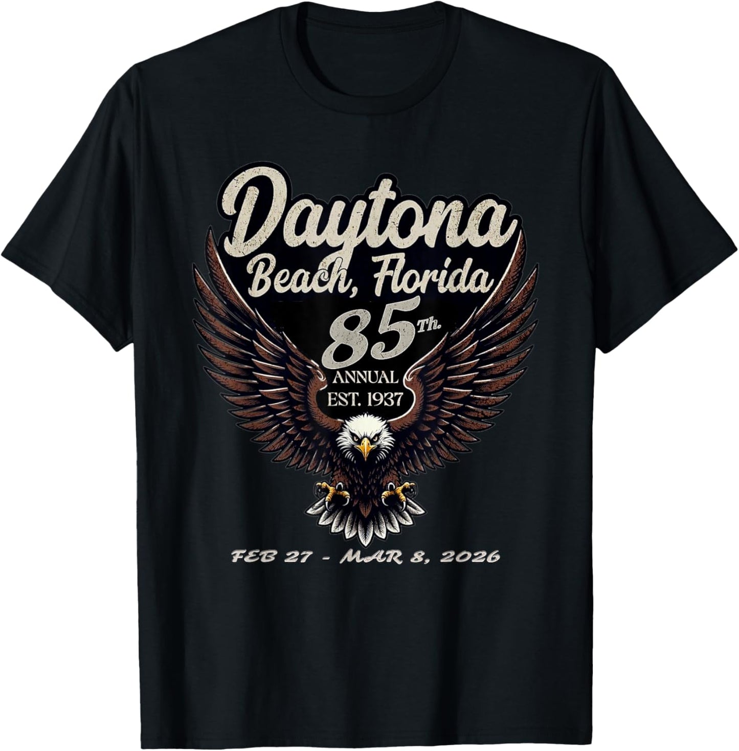2026 Daytona Beach, Florida, 85th Anniversary Art On Front T-Shirt - T-Shirt | Black