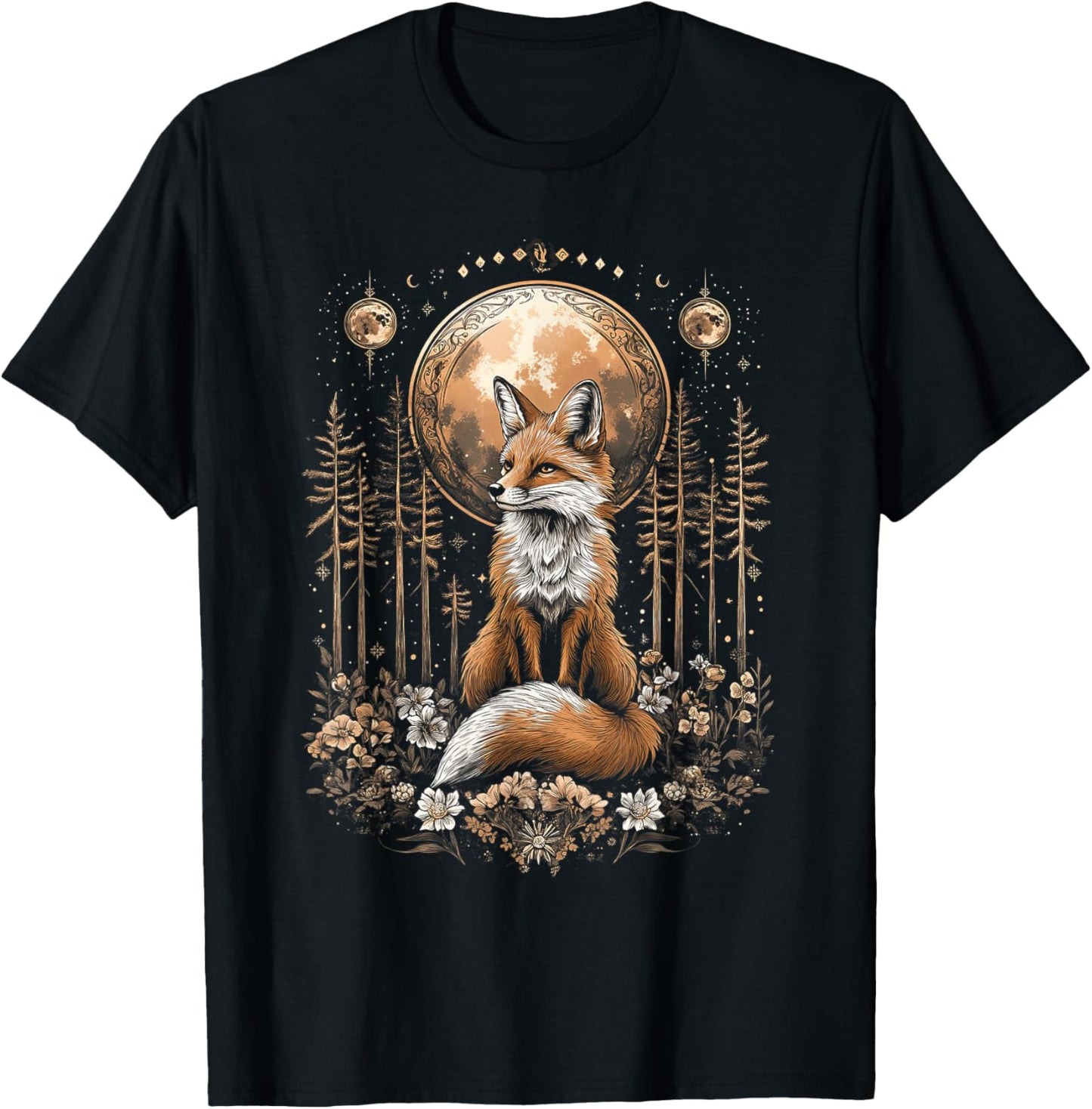 Mystic Moon and Moonphase Fox Mystical Flowers Aesthetic T-Shirt - T-Shirt | Black