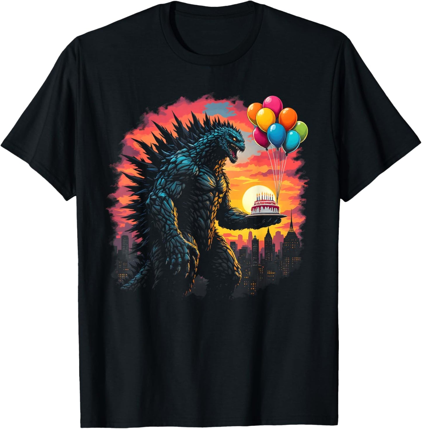 Kaiju Balloon And Cake Funny Japanese Monster Lover Birthday T-Shirt - T-Shirt | Black