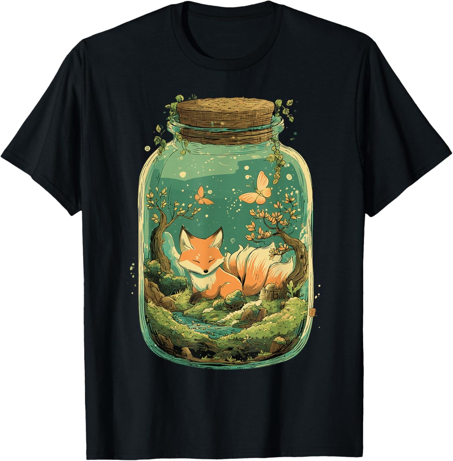 Magical Kitsune Nine-Tailed Fox Kawaii Terrarium Art T-Shirt - T-Shirt | Black