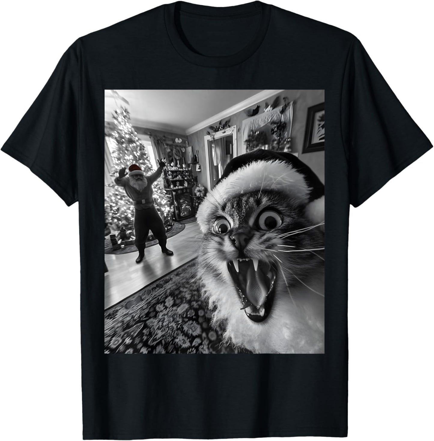 Funny Cat Selfie With Santa Christmas Men Women T-Shirt - T-Shirt | Black
