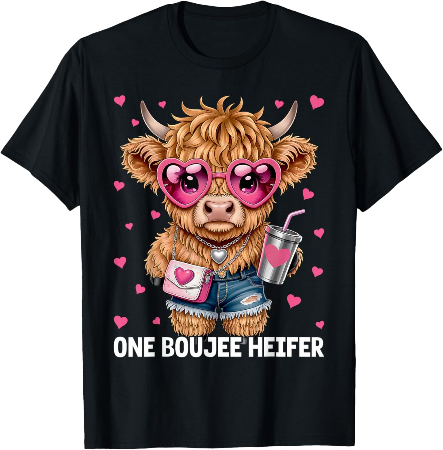 Adorable Highland Cow One Boujee Heifer T-Shirt - T-Shirt | Black