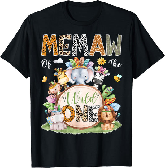 Memaw Of The Wild One Safari Tribal Animal 1St Birthday T-Shirt - T-Shirt | Black