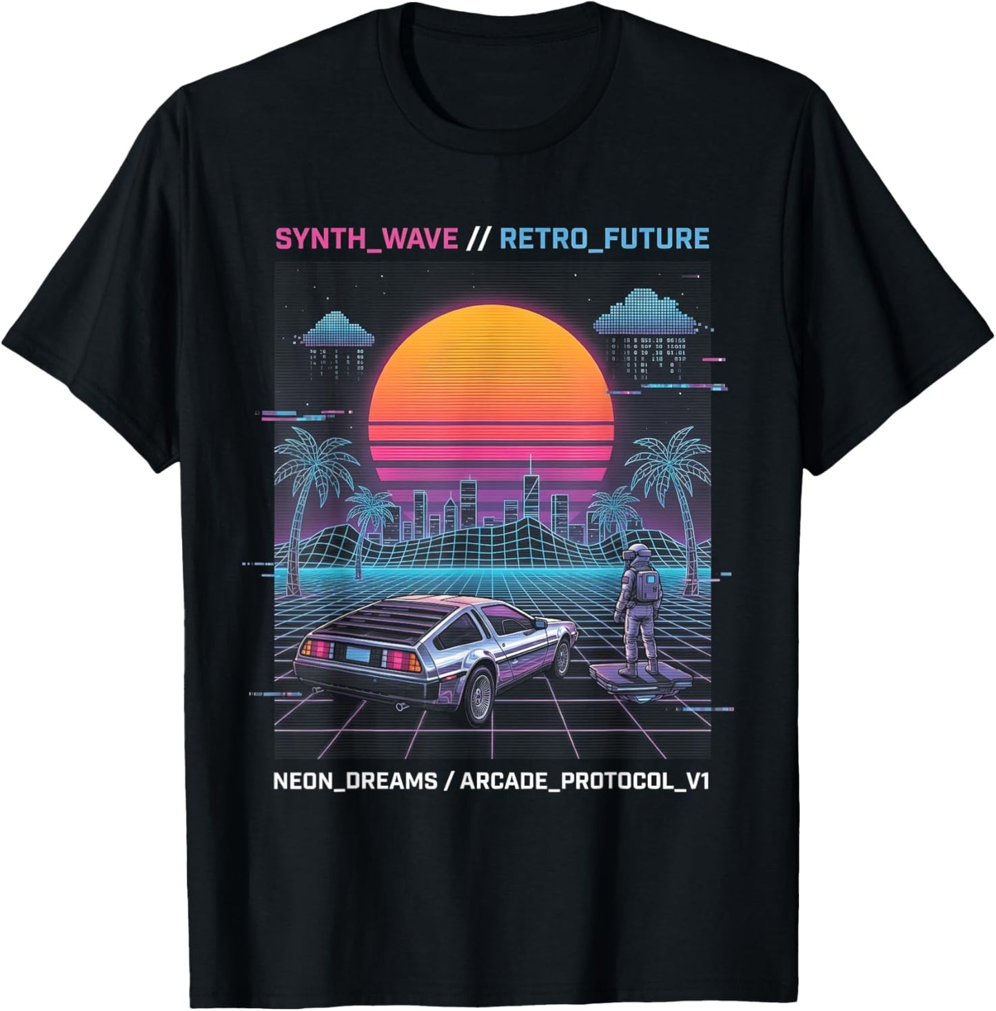 Retro Future Synthwave Car Astronaut City Sunset Vaporwave T-Shirt - T-Shirt | Black