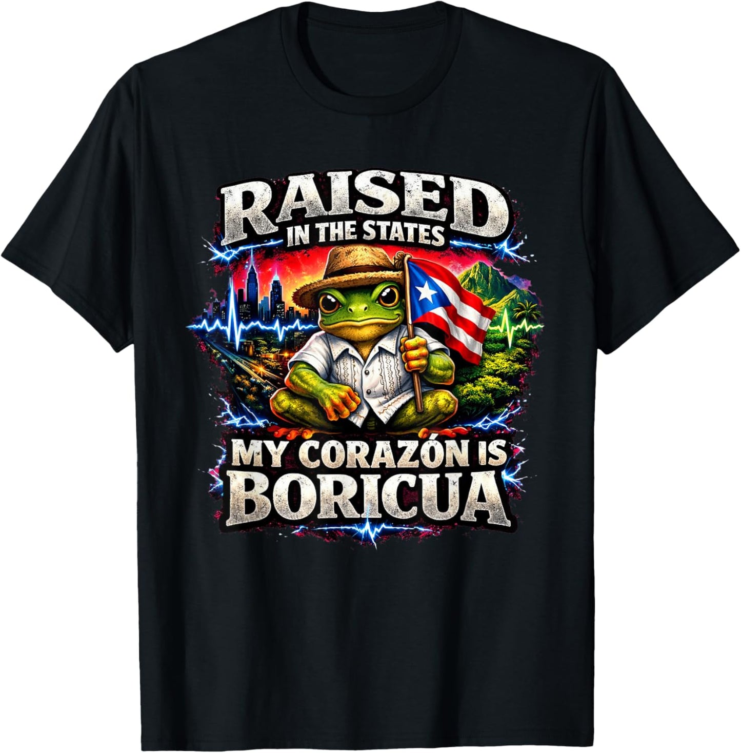 Puerto Rico Raised in the States My Corazon is Boricua T-Shirt - T-Shirt | Black