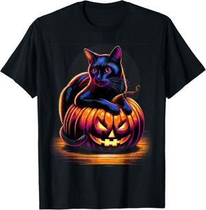 Halloween Cat Funny Fall Pumpkin Cat Lover Cute T-Shirt - T-Shirt | Black