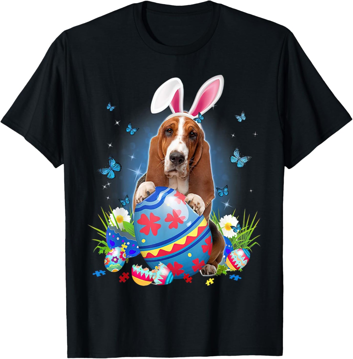 Easter Cute Basset Hound Dog Lover Bunny Eggs Easter T-Shirt - T-Shirt | Black