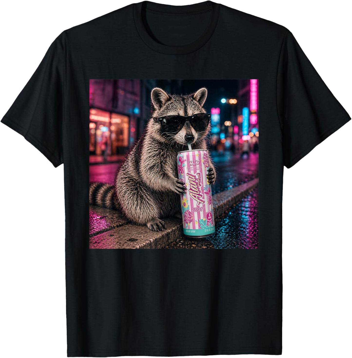 Funny Raccoon Cotton-Candy Drink Animal Meme Graphic T-Shirt - T-Shirt | Black