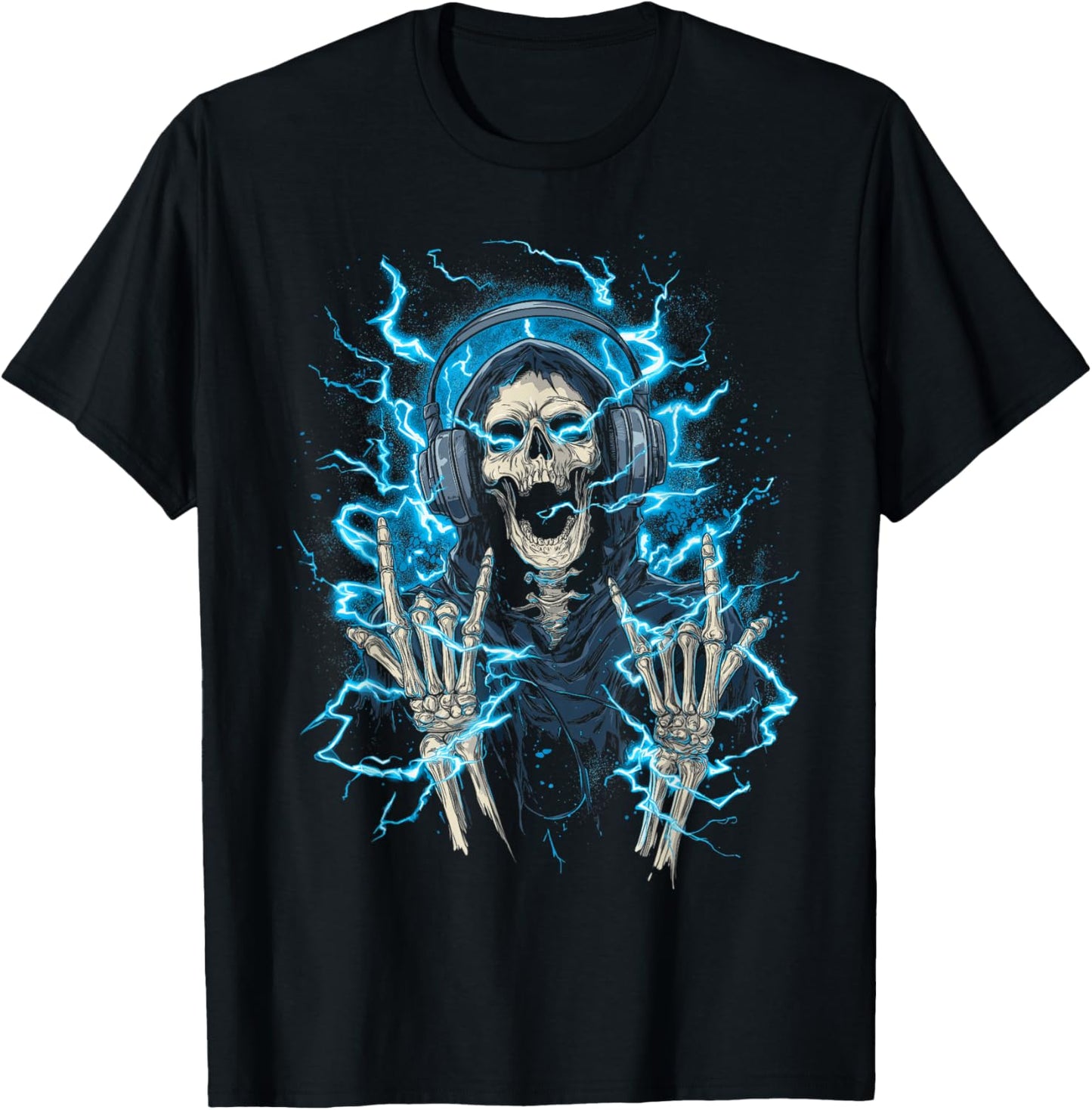 Y2k Gothic Emo Skull Electric Skeleton DJ Headphones T-Shirt - T-Shirt | Black