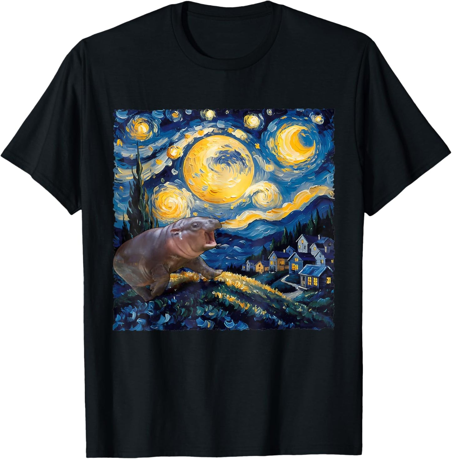 Moo-Deng Starry Night Van Gogh Funny Moo-Deng Meme T-Shirt - T-Shirt | Black