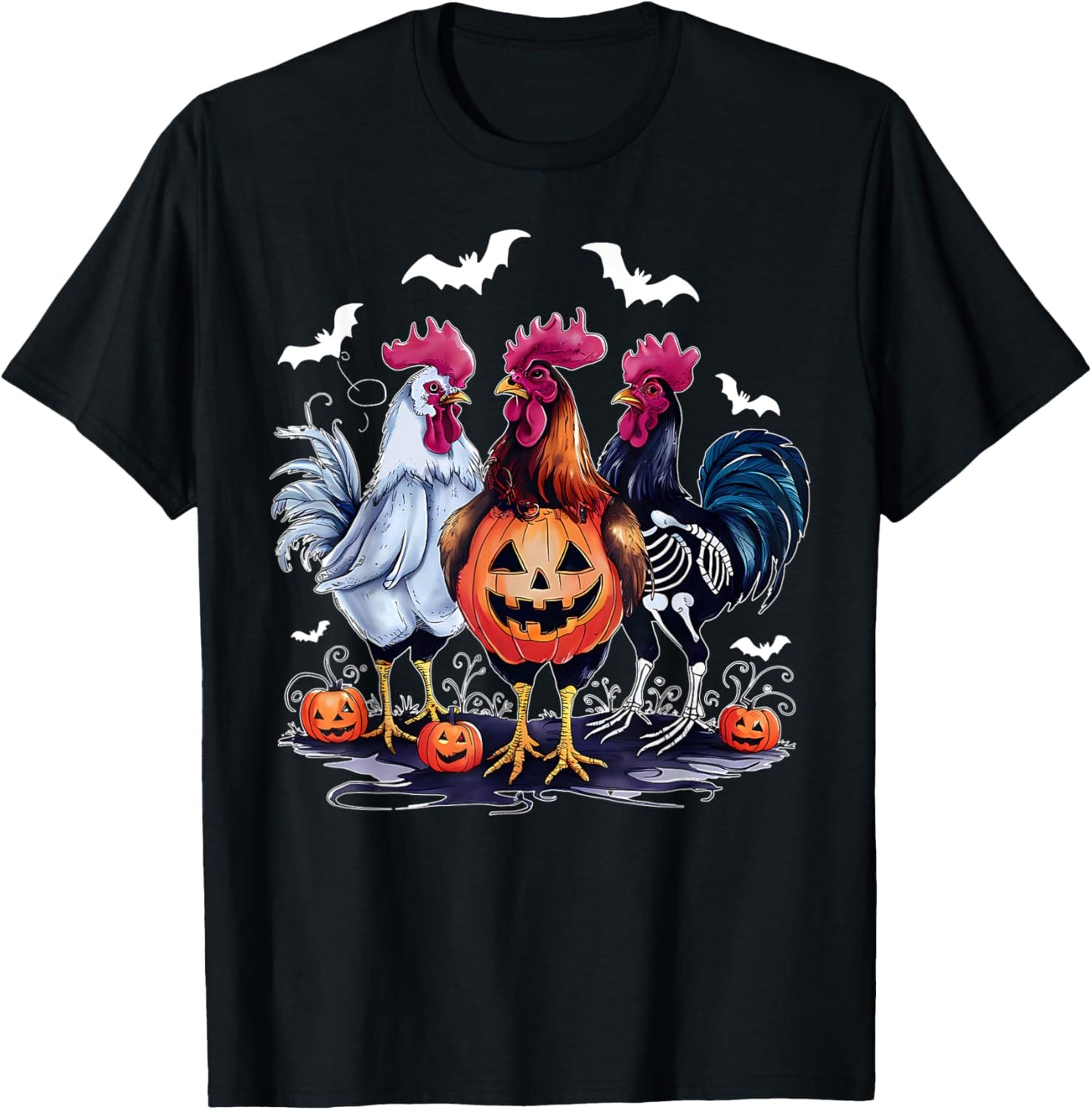 Retro Pumpkin Rooster Bat Chicken Farm Animal Spooky Party T-Shirt - T-Shirt | Black