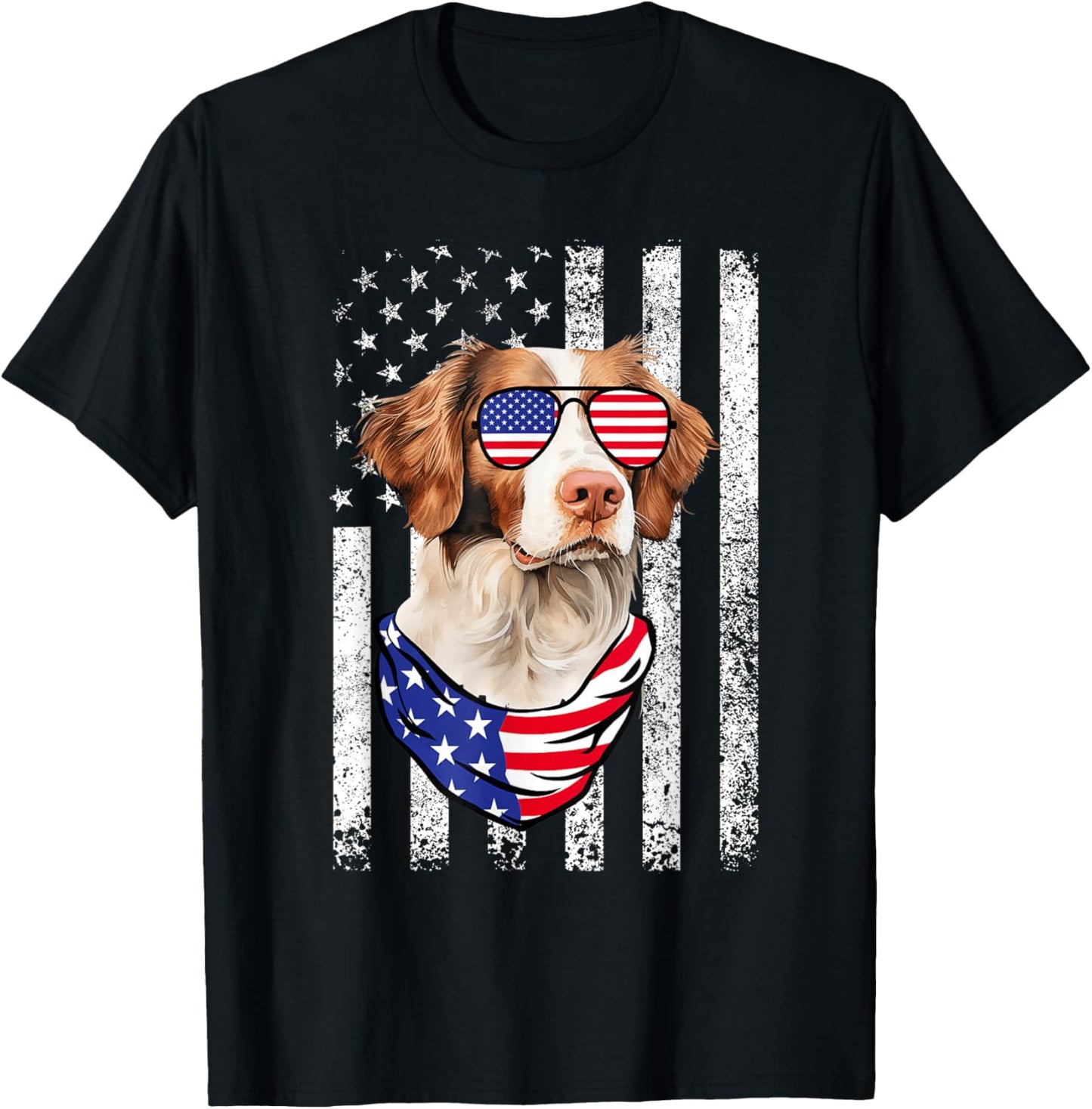 Brittany Spaniel American Flag USA Patriotic 4th of July T-Shirt - T-Shirt | Black