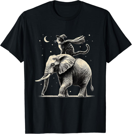 Cat Riding Elephant Design Animal Elephant Lovers T-Shirt - T-Shirt | Black