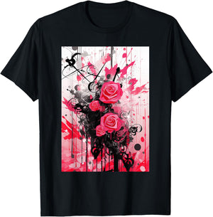 Frutiger Metro: Pink Roses Stars Hearts Paper T-Shirt - T-Shirt | Black