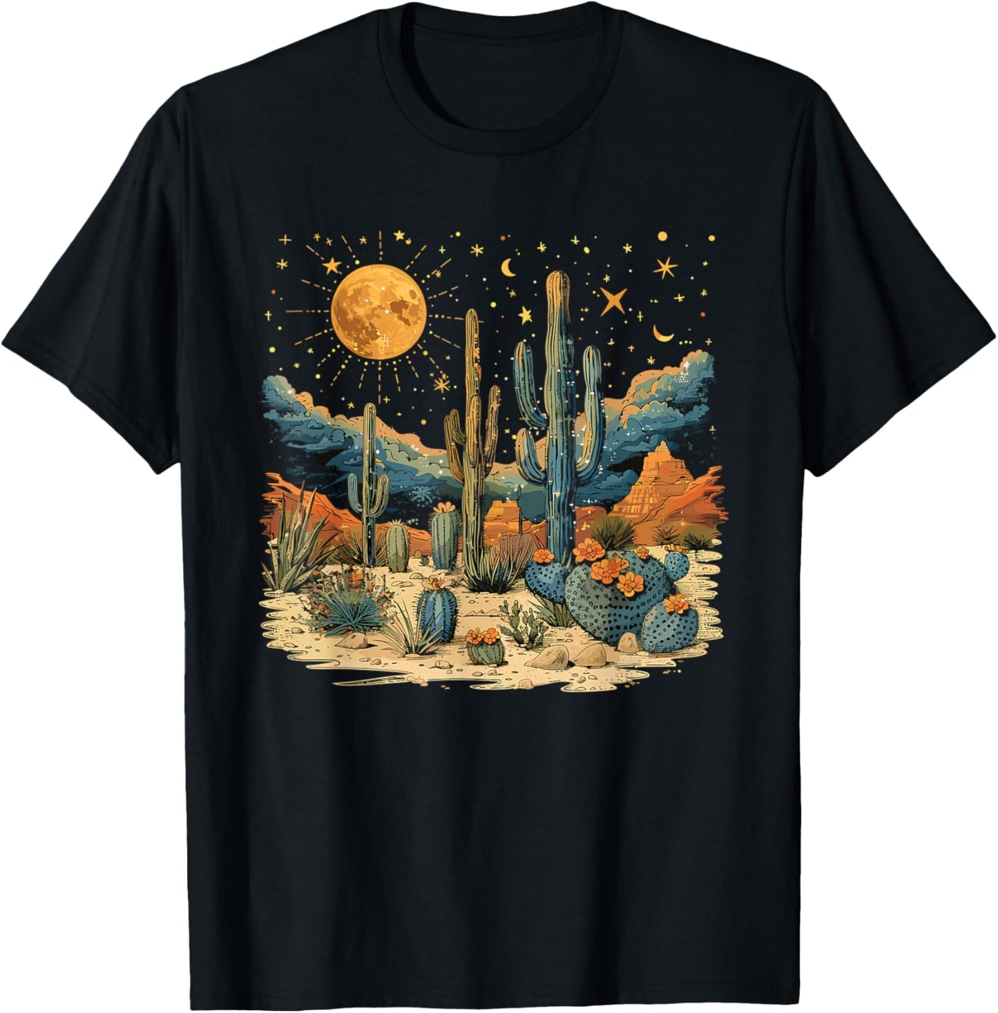 Saguaro Cactus Desert Art Moon Nature T-Shirt - T-Shirt | Black