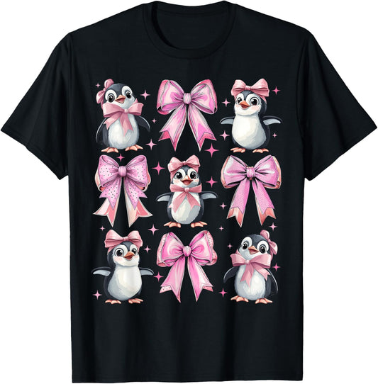 Coquette Bow Penguin Cute Bird Girl Mom Pink Mother's Day T-Shirt - T-Shirt | Black
