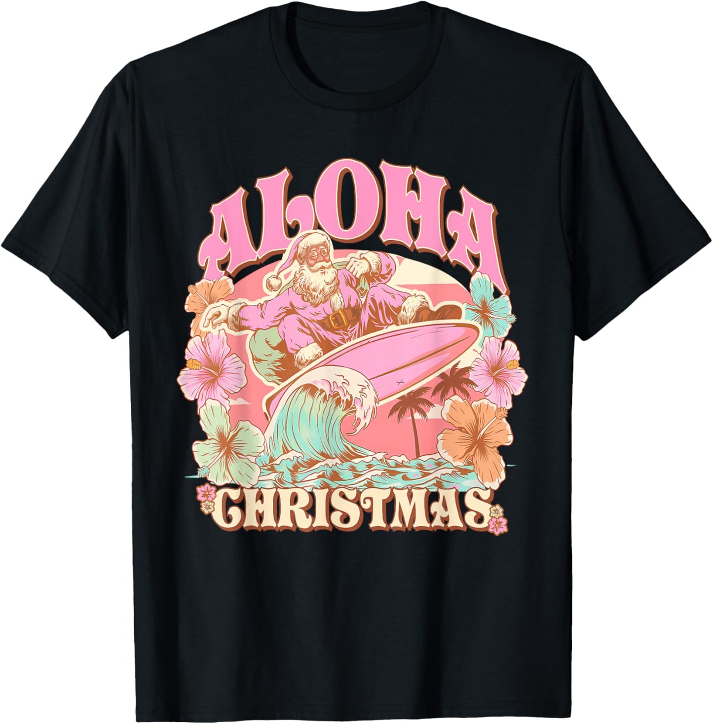 Aloha Christmas Santa Claus Surfing Hawaiian Mele Kalikimaka T-Shirt - T-Shirt | Black