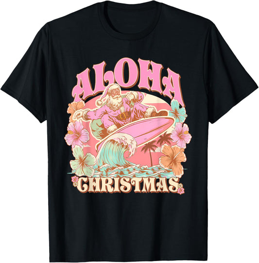 Aloha Christmas Santa Claus Surfing Hawaiian Mele Kalikimaka T-Shirt - T-Shirt | Black