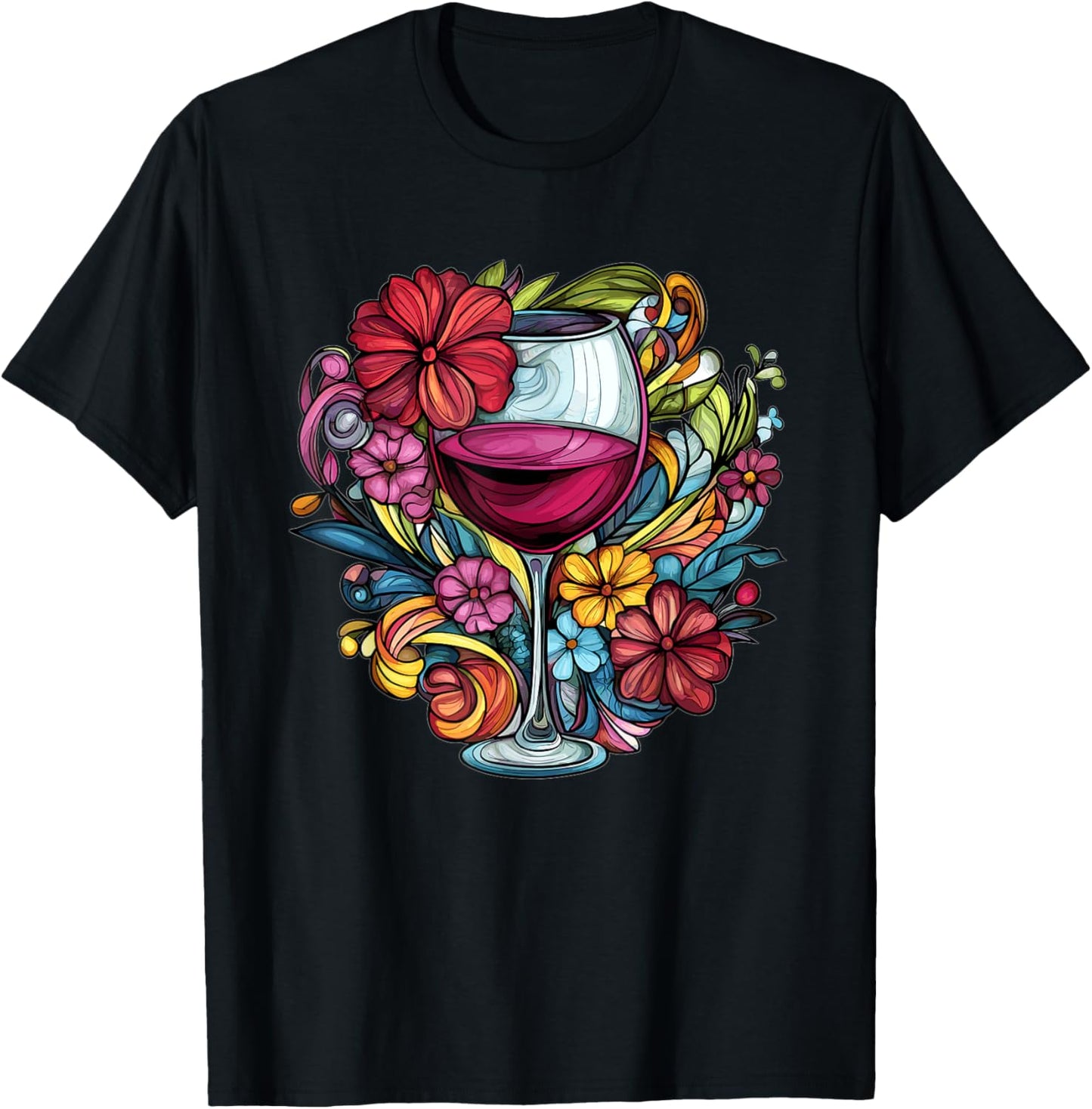 Elegant Wine Glass With Floral Blooms T-Shirt - T-Shirt | Black