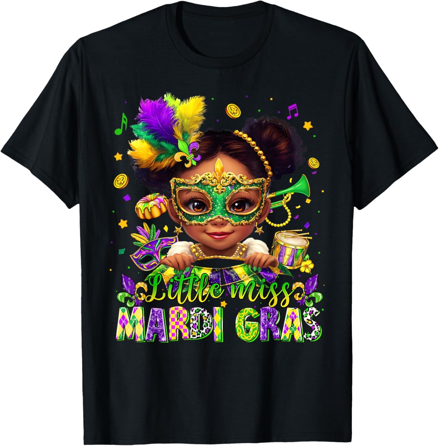 Little Miss Mardi Gras Afro Messy Bun Girl Women Kid T-Shirt - T-Shirt | Black