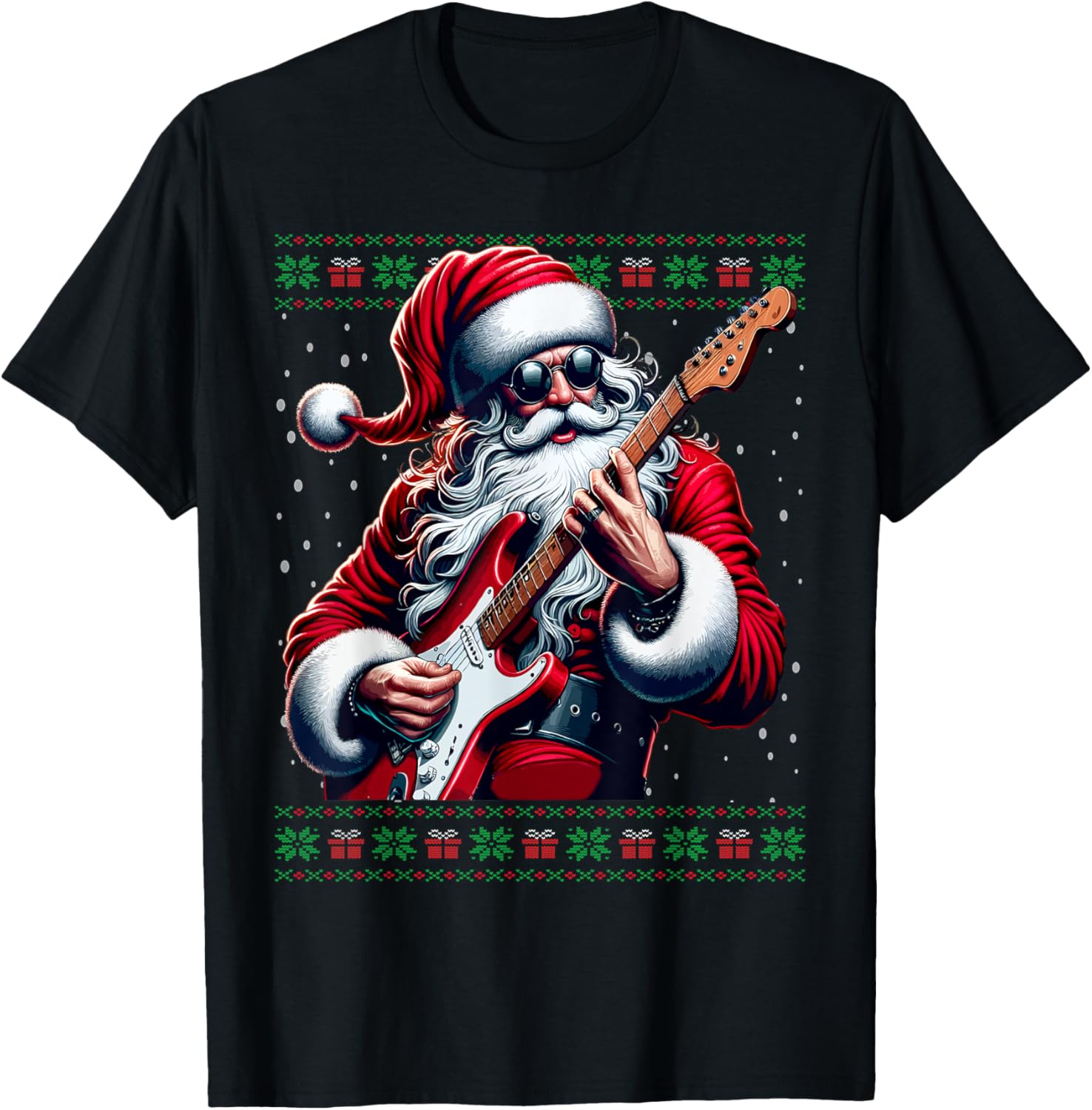 Santa Guitar Musician Guitarist Ugly Christmas Sweater T-Shirt - T-Shirt | Black