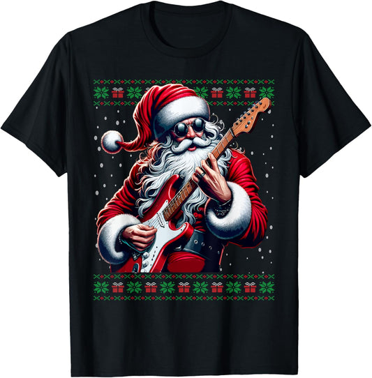 Santa Guitar Musician Guitarist Ugly Christmas Sweater T-Shirt - T-Shirt | Black