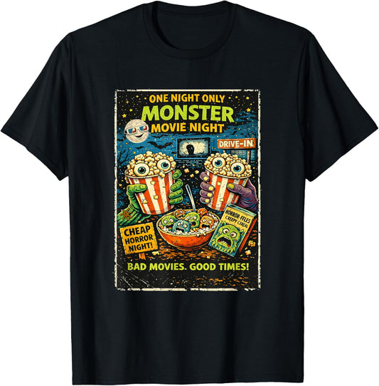 Design Film Horreur Rétro avec Popcorn Monstres Drive-in T-Shirt - T-Shirt | Black