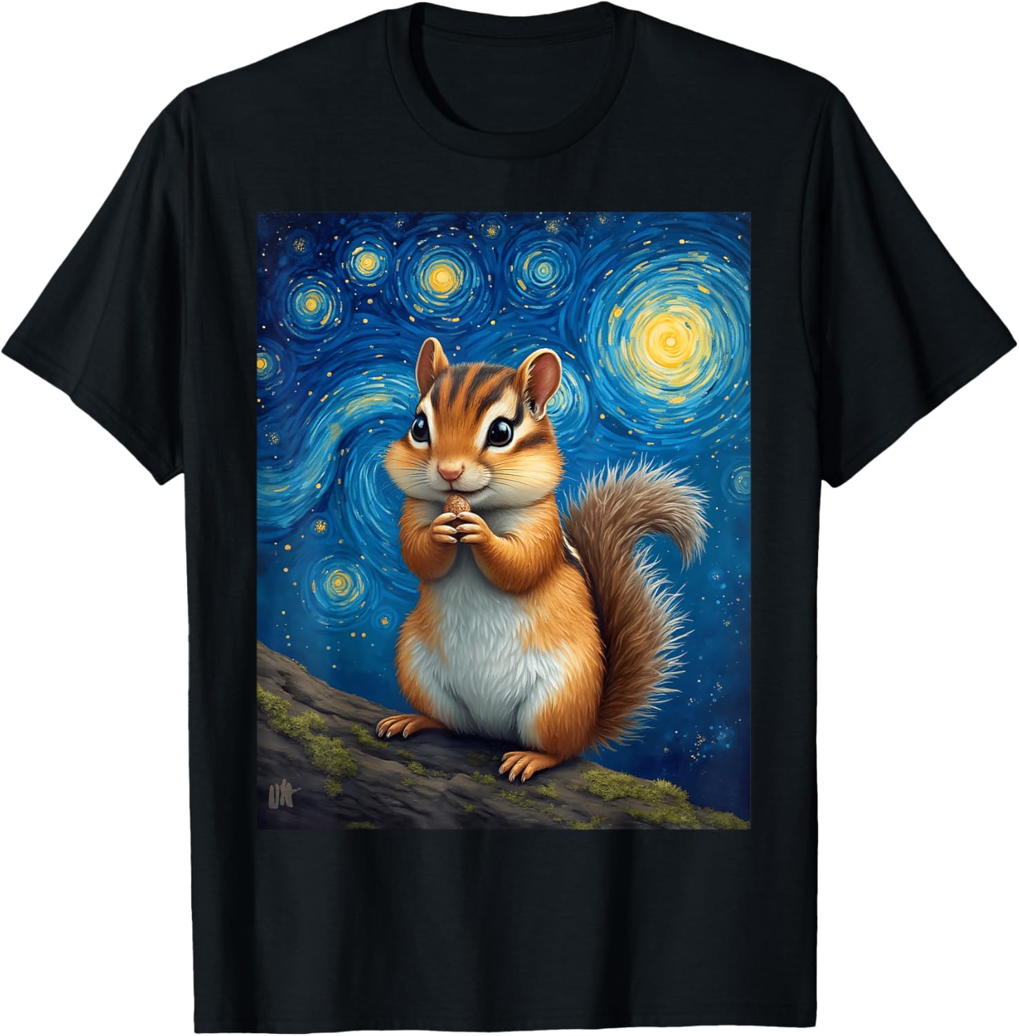 Van Gogh's Starry Night Chipmunk Striped Squirrel Animal T-Shirt - T-Shirt | Black