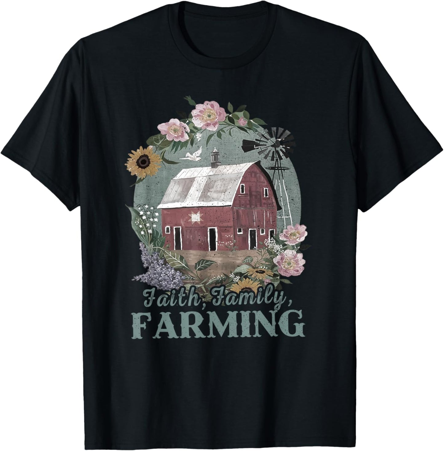 Vintage Faith Family Farming, Boho Floral Vintage Farmer T-Shirt - T-Shirt | Black