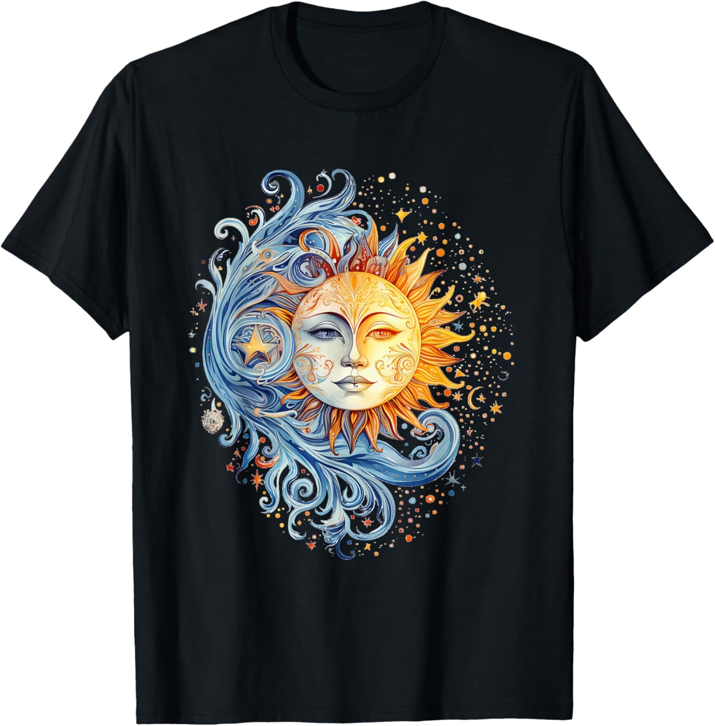 Mystical Sun and Moon with Woman Mystical Flowers Aesthetic T-Shirt - T-Shirt | Black