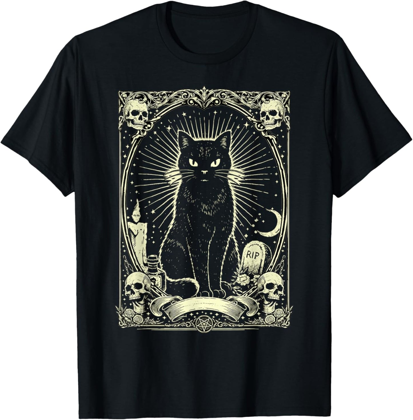 Gothic Black Cat Vintage Design T-Shirt - T-Shirt | Black
