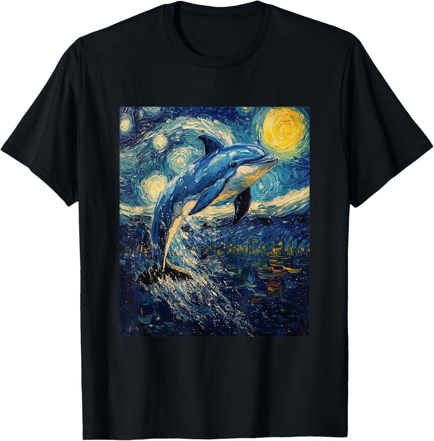 Cute Dolphin - Van Gogh Style - Starry Night Graphic T-Shirt - T-Shirt | Black