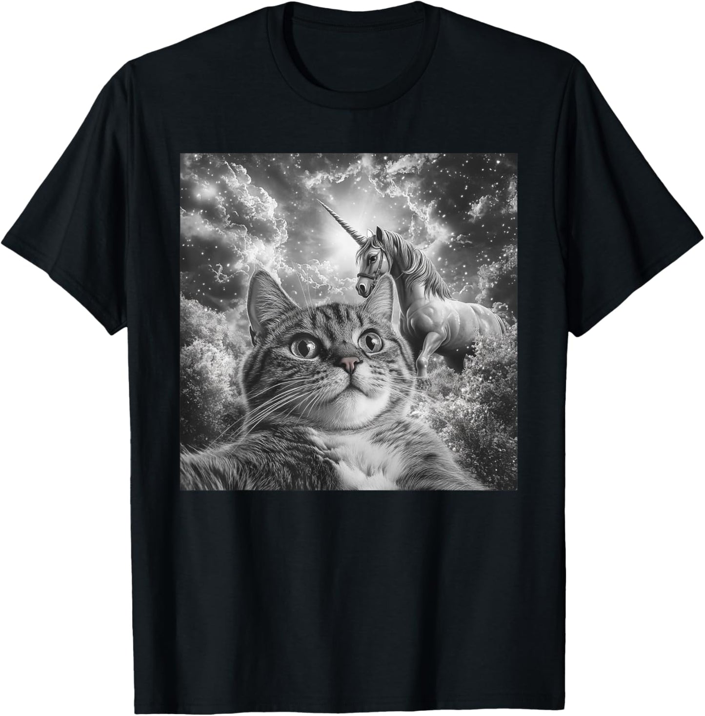 Cat Selfie With Unicorn Funny Cat Men Women Kids T-Shirt - T-Shirt | Black