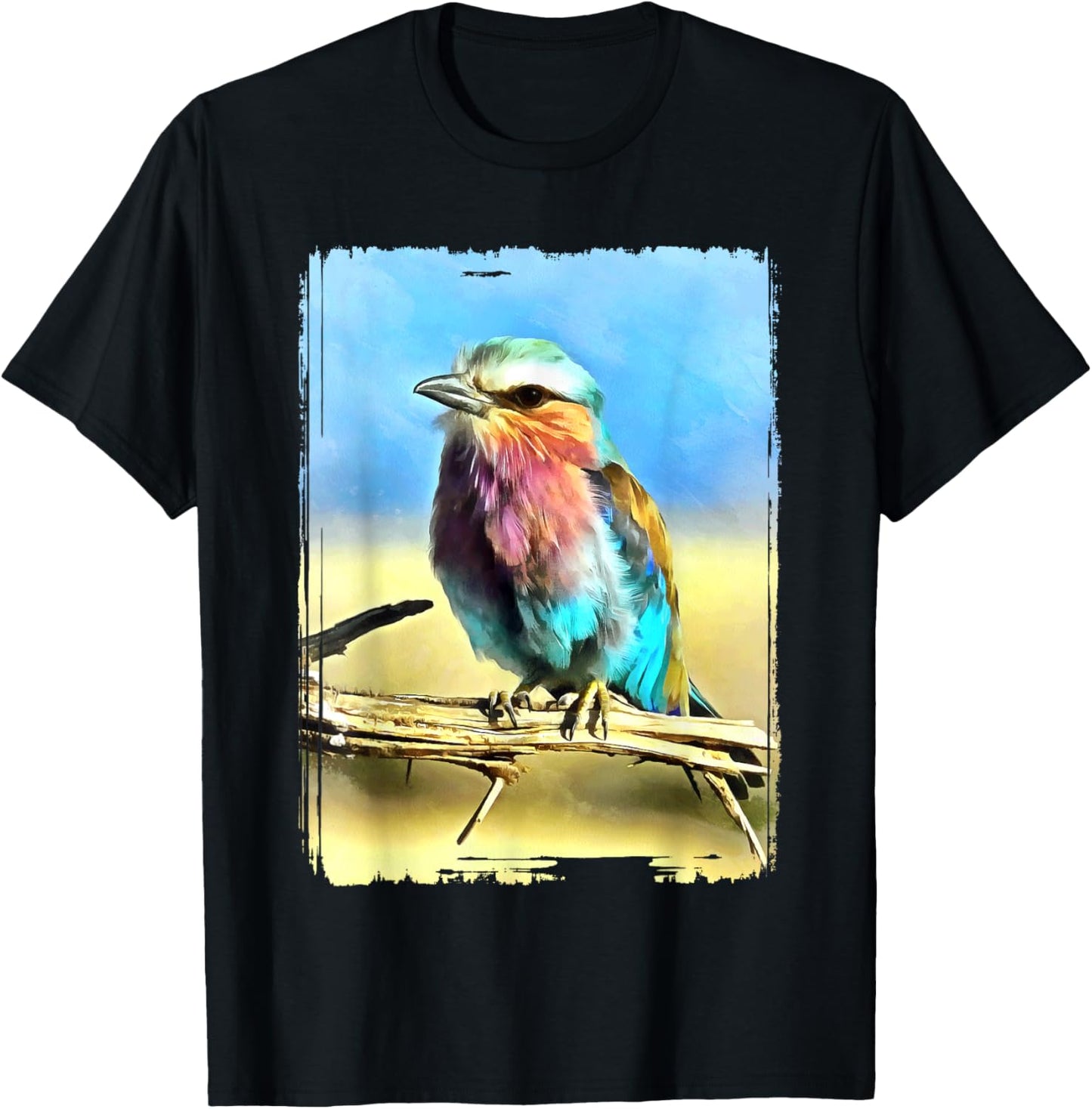 Colorful Bird Wildlife Nature Artistry Canvas Vibrant Lilac Breasted Roller Bird Painting Multicolor -Adult T-Shirt - T-Shirt | Black